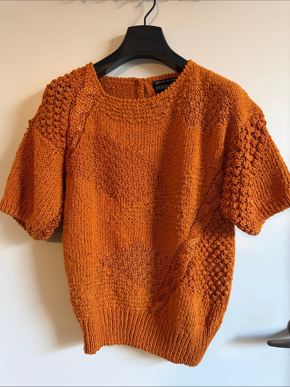 Vintage Counterparts Burnt Orange Textured Short-Sleeve Hand-Knitted Sweater